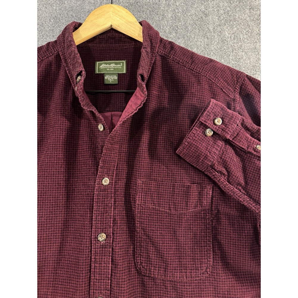 Eddie Bauer Large L Tall Burgundy Red Corduroy Long Sleeve Vintage Button Down